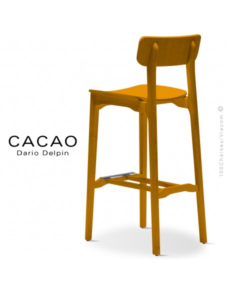 Tabouret bois de bar design CACAO-LSG80, structure et assise bois massif de frêne, avec repose pieds inox, teinté jaune.