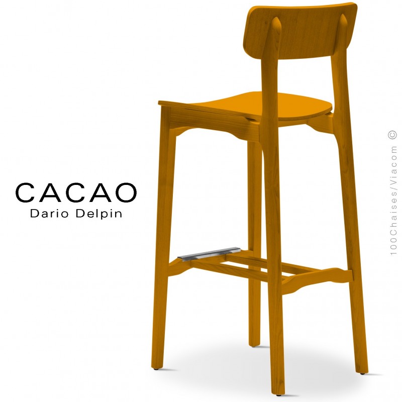 Tabouret bois de bar design CACAO-LSG80, structure et assise bois massif de frêne, avec repose pieds inox, teinté jaune.