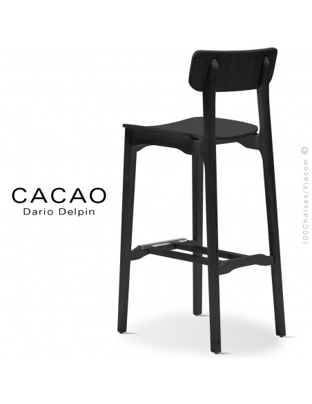 Tabouret bois de bar design CACAO-LSG80, structure et assise bois massif de frêne, avec repose pieds inox, teinté noir.