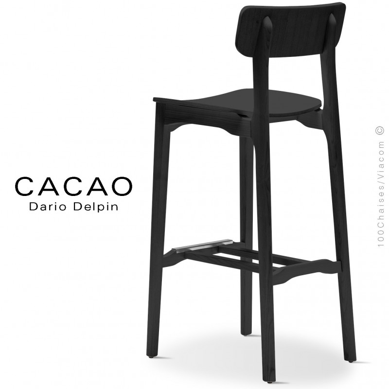 Tabouret bois de bar design CACAO-LSG80, structure et assise bois massif de frêne, avec repose pieds inox, teinté noir.