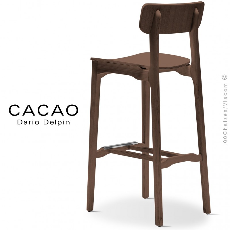 Tabouret bois de bar design CACAO-LSG80, structure et assise bois massif de frêne, avec repose pieds inox, teinté noyer.