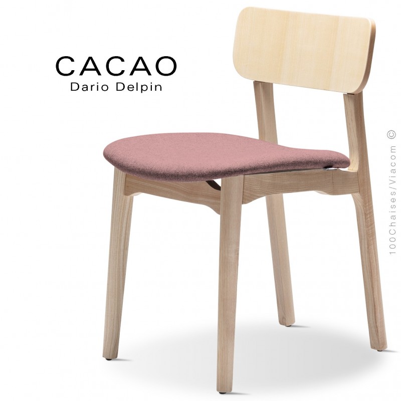 Chaise CACAO-S, piétement bois frêne et assise habillage tissu 301rose.