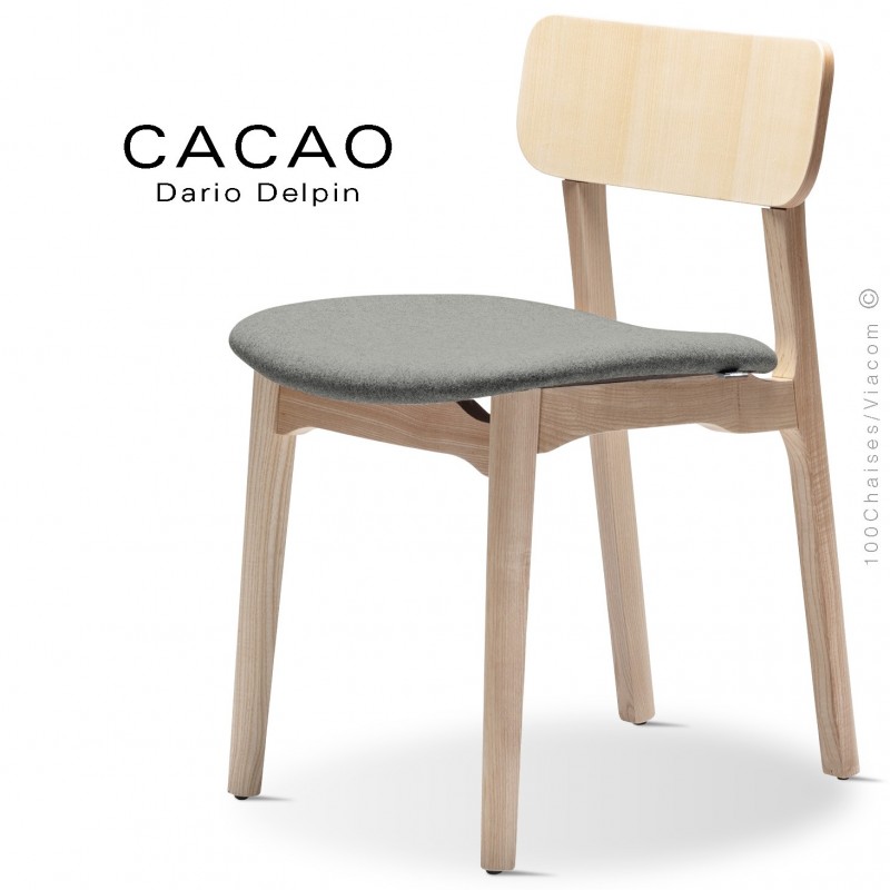Chaise bois design CACAO-S, piétement bois de frêne massif et assise garnie de mousse, habillage tissu gris-600.