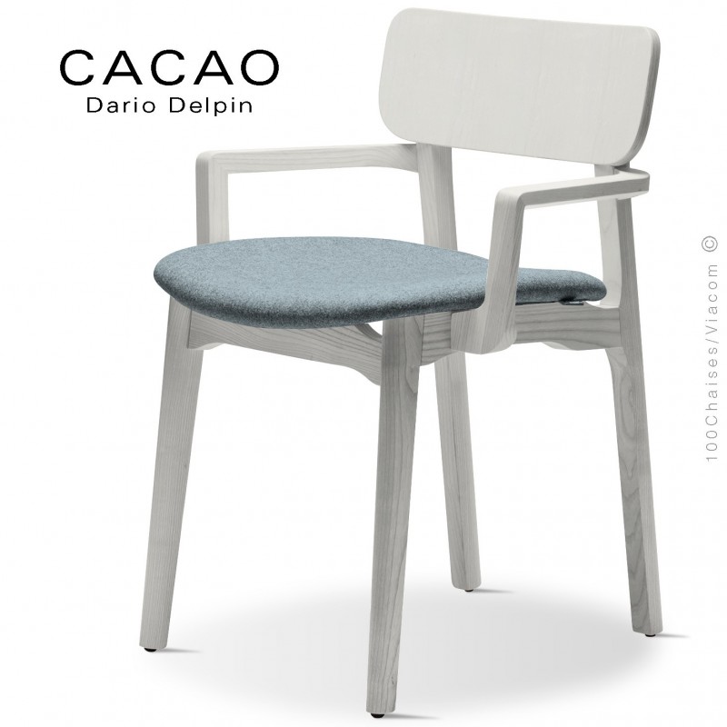 Fauteuil design CACAO-SP, piétement bois blanc et assise habillage tissu 7001bleu.