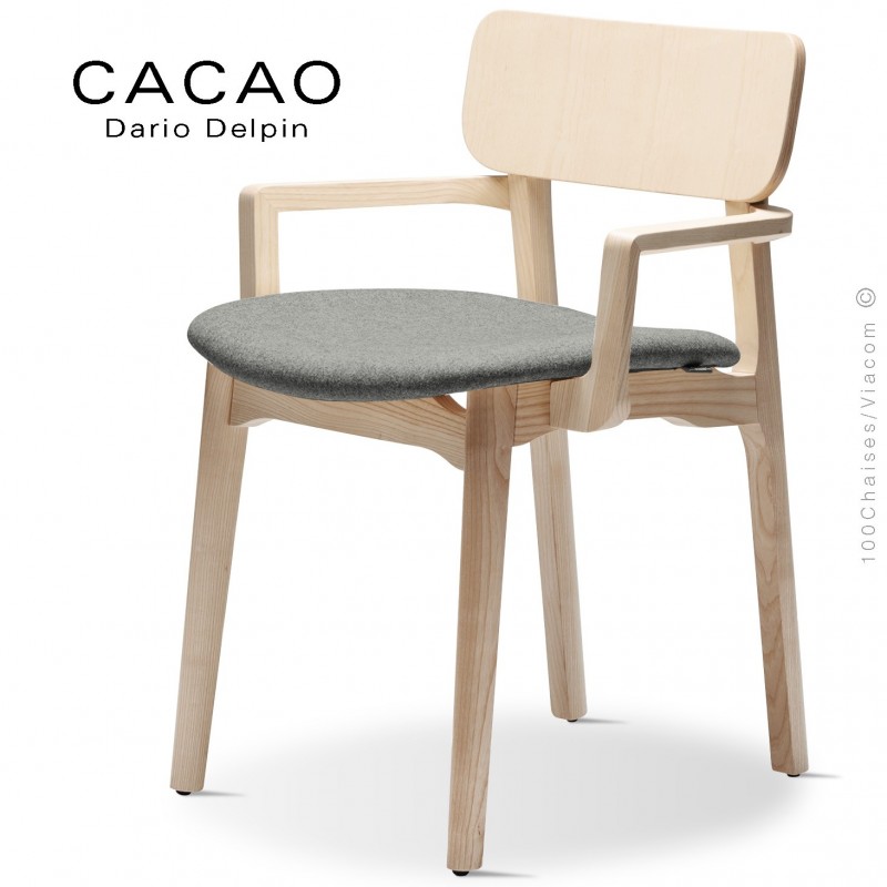 Fauteuil design CACAO-SP, piétement bois massif de frêne et assise garnie de mousse, habillage tissu gris-600.