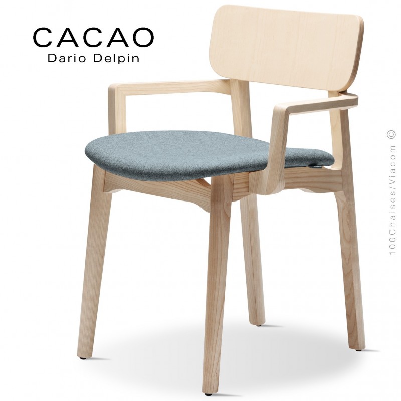 Fauteuil design CACAO-SP, piétement bois frêne et assise habillage tissu 7001bleu.