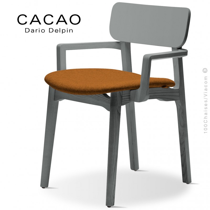 Fauteuil design CACAO-SP, piétement bois gris et assise habillage tissu 308orange.