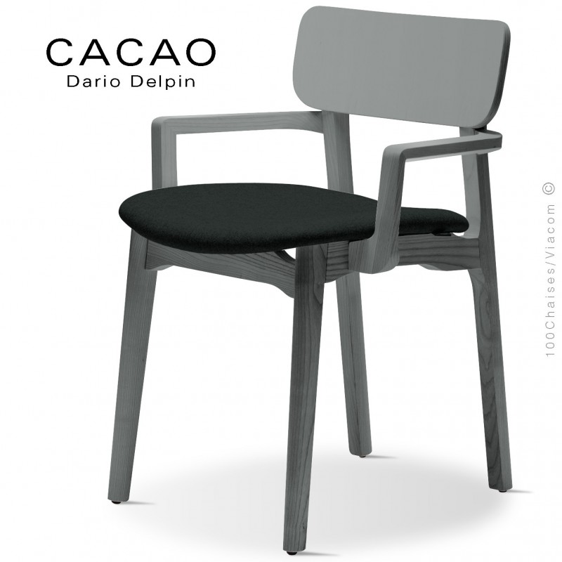 Fauteuil design CACAO-SP, piétement bois gris et assise habillage tissu 702noir.