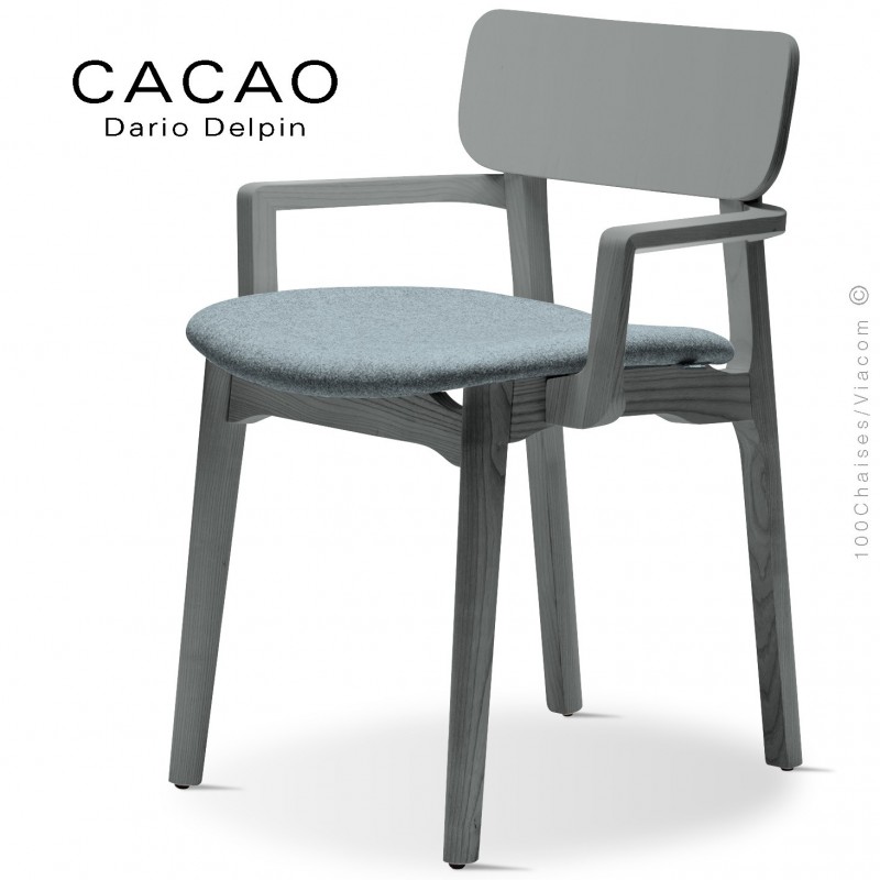 Fauteuil design CACAO-SP, piétement bois gris et assise habillage tissu 7001bleu.