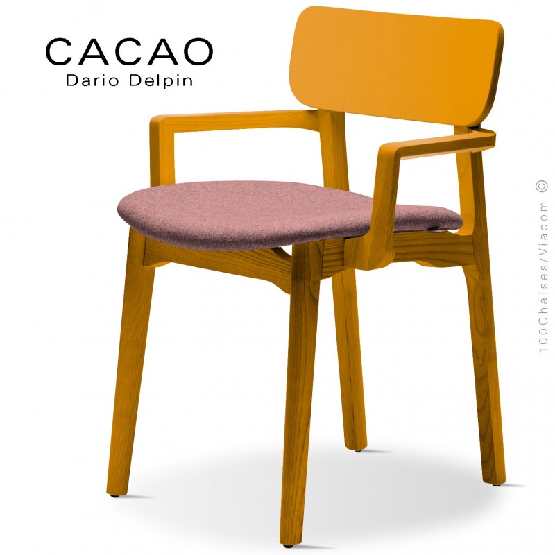 Fauteuil design CACAO-SP, piétement bois jaune et assise habillage tissu 301rose.