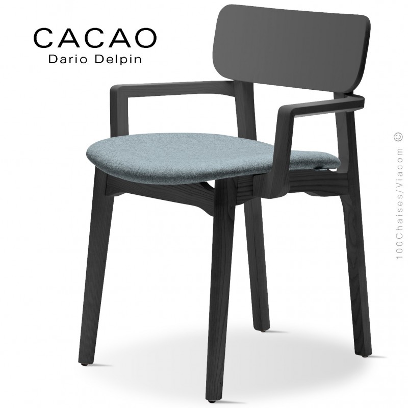 Fauteuil design CACAO-SP, piétement bois noir et assise habillage tissu 7001bleu.