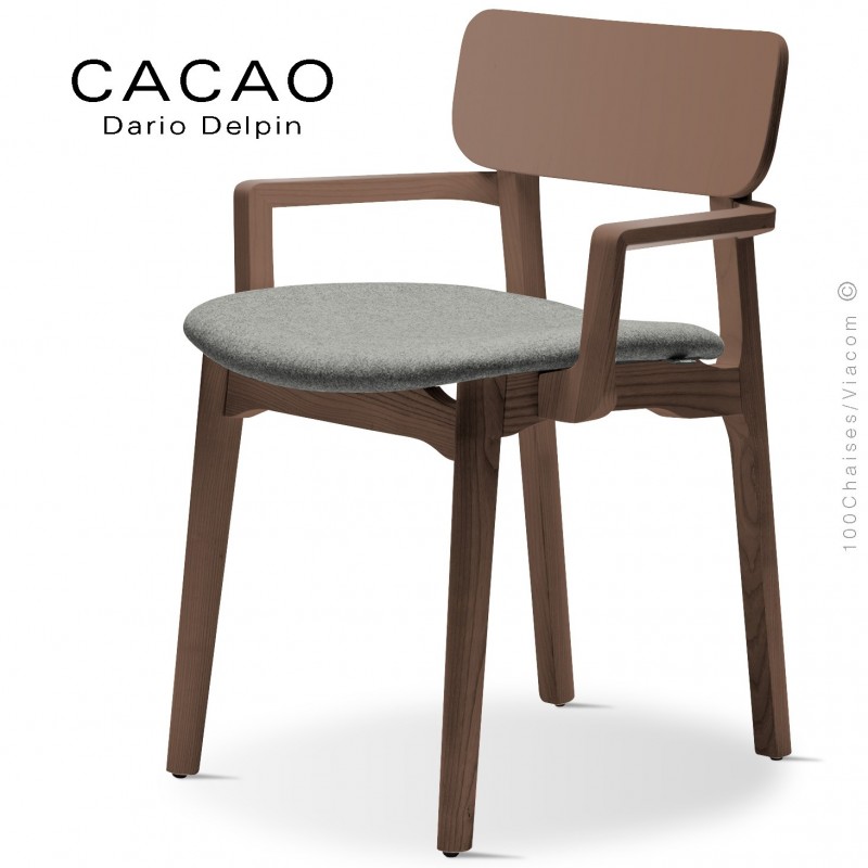 Fauteuil design CACAO-SP, piétement bois noyer et assise habillage tissu 600gris.