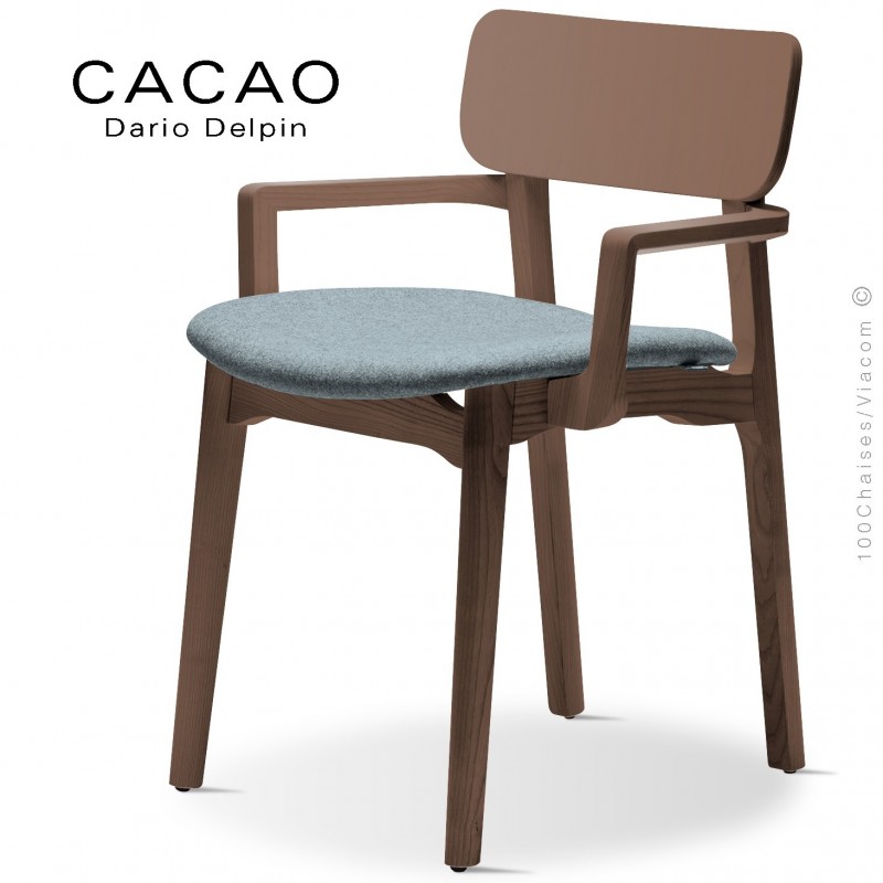 Fauteuil design CACAO-SP, piétement bois noyer et assise habillage tissu 7001bleu.