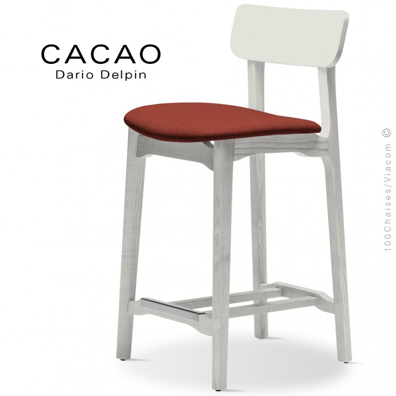 Tabouret de cuisine CACAO-SG-65, piétement bois blanc, assise habillage tissu 302rouge.