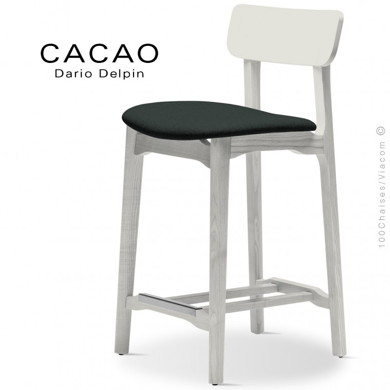 Tabouret de cuisine CACAO-SG-65, piétement bois blanc, assise habillage tissu 702noir.