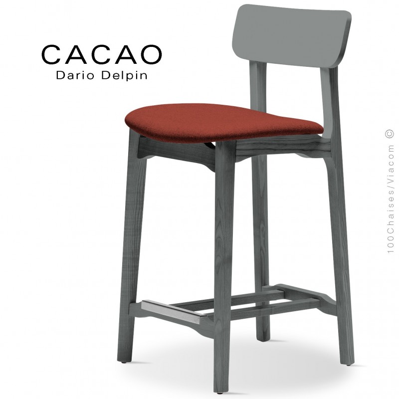 Tabouret de cuisine CACAO-SG-65, piétement bois gris, assise habillage tissu 302rouge.