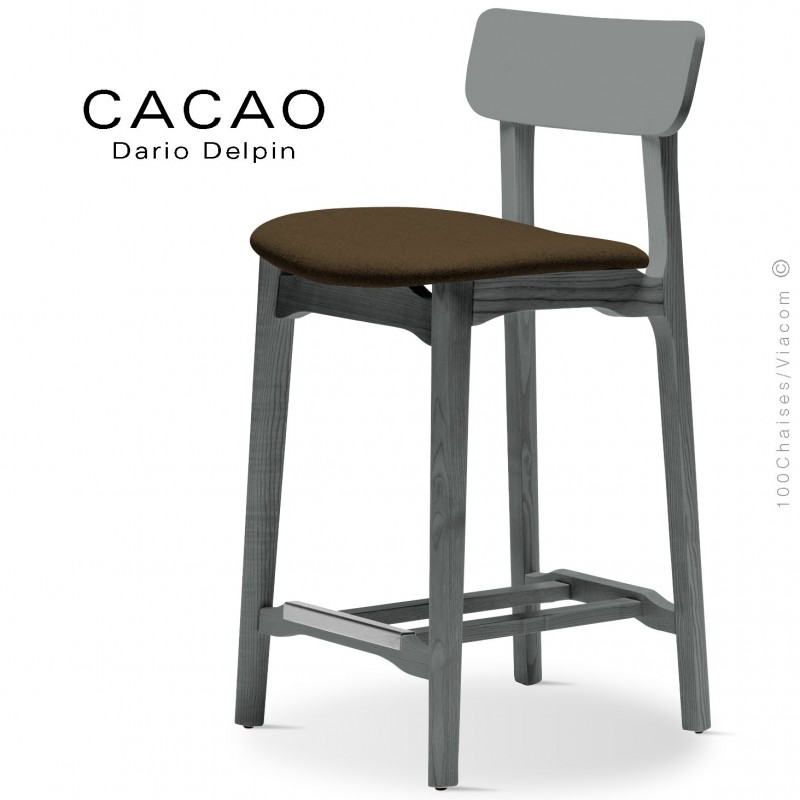 Tabouret de cuisine CACAO-SG-65, piétement bois gris, assise habillage tissu 404marron.