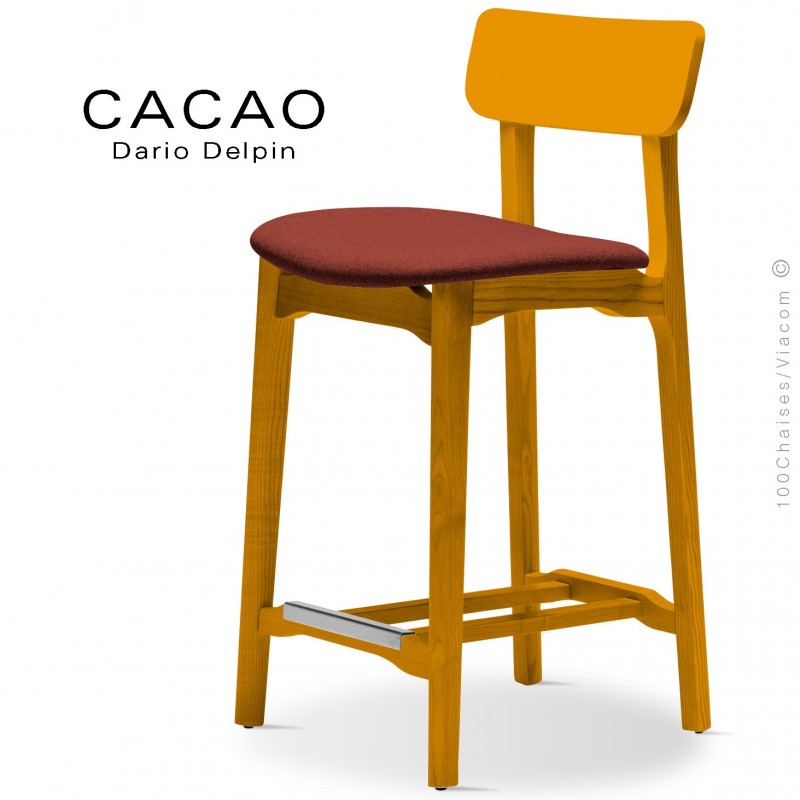 Tabouret de cuisine CACAO-SG-65, piétement bois jaune, assise habillage tissu 302rouge.