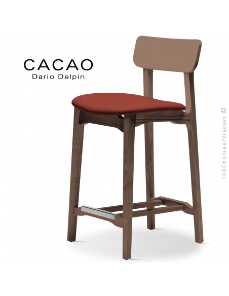 Tabouret de cuisine CACAO-SG-65, piétement bois noyer, assise habillage tissu 302rouge.