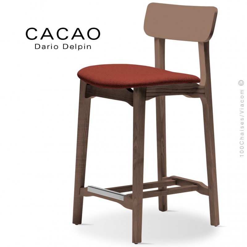 Tabouret de cuisine CACAO-SG-65, piétement bois noyer, assise habillage tissu 302rouge.