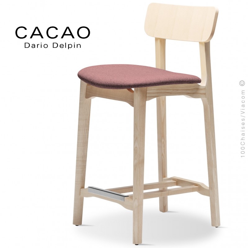 Tabouret de cuisine CACAO-SG-65, piétement bois frêne, assise habillage tissu 301rose.