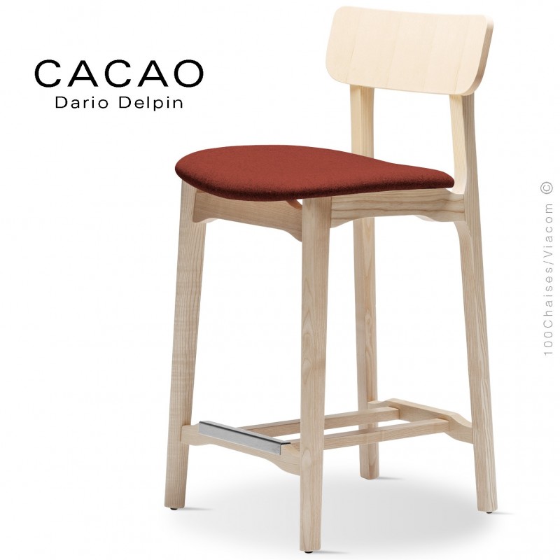 Tabouret de cuisine CACAO-SG-65, piétement bois frêne, assise habillage tissu 302rouge.