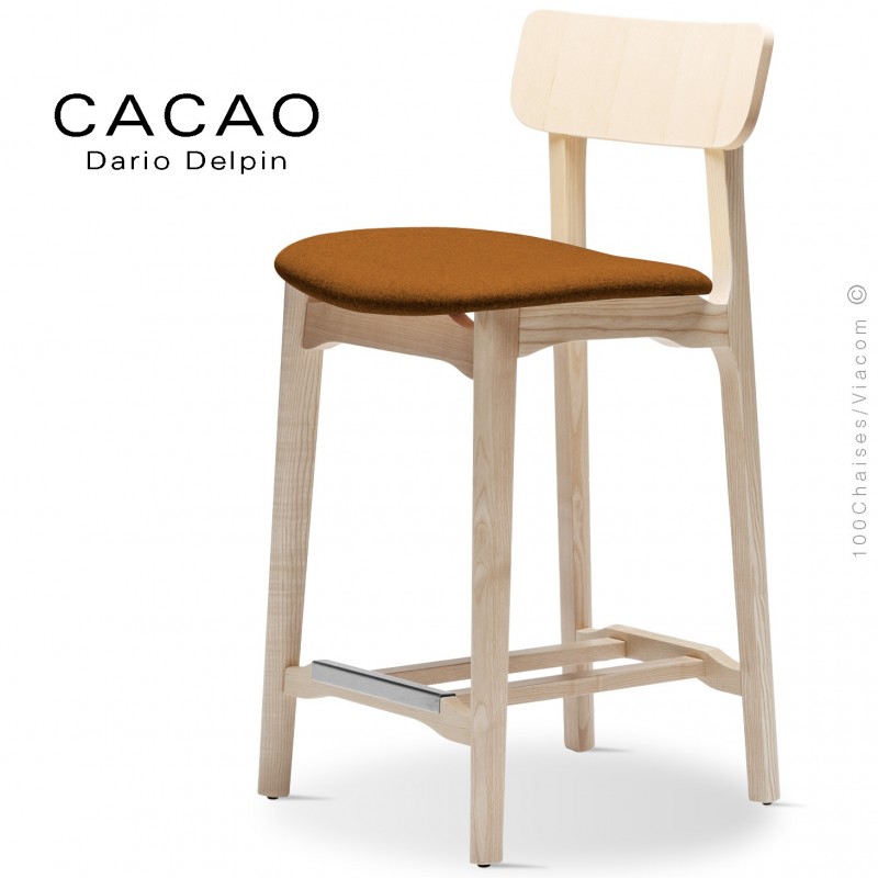 Tabouret de cuisine CACAO-SG-65, piétement bois frêne, assise habillage tissu 308orange.