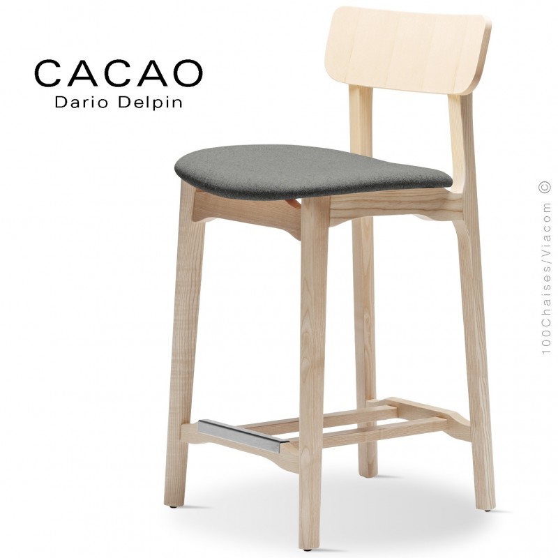 Tabouret de cuisine CACAO-SG-65, piétement bois frêne, assise habillage tissu 600gris.