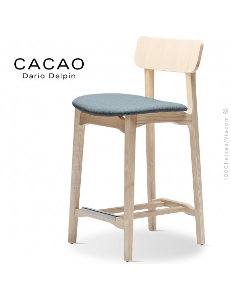 Tabouret de cuisine CACAO-SG-65, piétement bois massif de frêne vernis naturel, assise mousse, habillage tissu bleu-7001