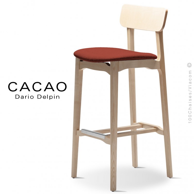 Tabouret de bar design CACAO-SG-80, piétement bois, assise habillage tissu.