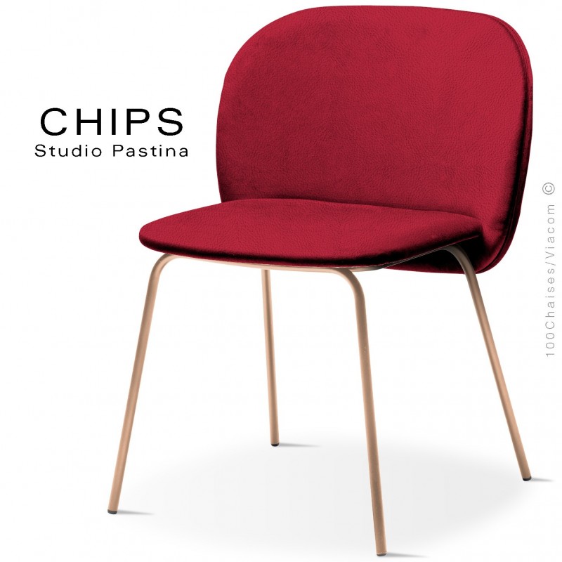 Chaise design CHIPS-M, piétement acier cuivre satiné, assise et dossier habillage cuir 1009rouge.