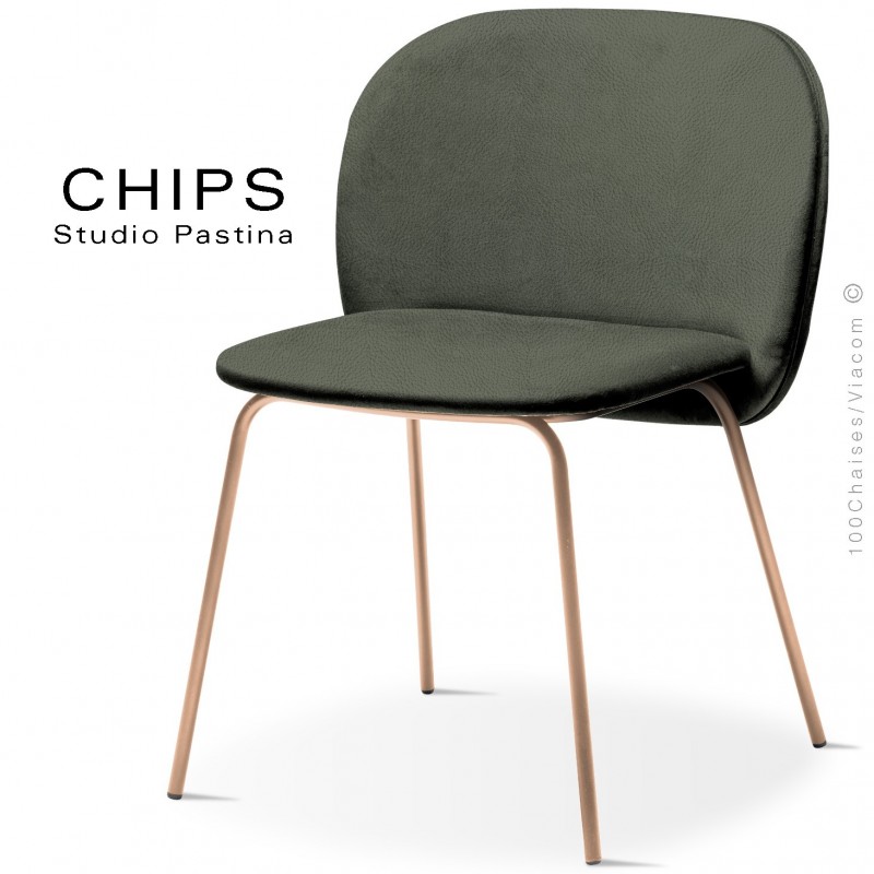 Chaise design CHIPS-M, piétement acier cuivre satiné, assise et dossier habillage cuir 1012kaki.