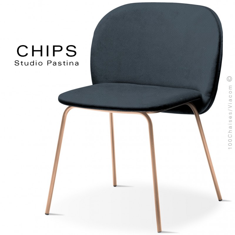 Chaise design CHIPS-M, piétement acier cuivre satiné, assise et dossier habillage cuir 1014bleu.