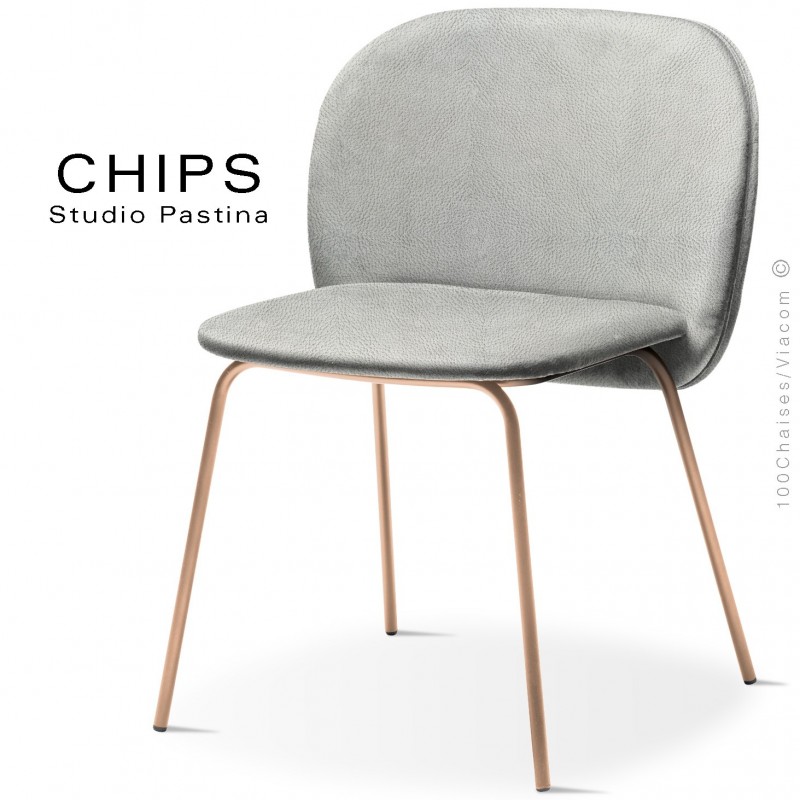 Chaise design CHIPS-M, piétement acier cuivre satiné, assise et dossier habillage cuir 1015gris.