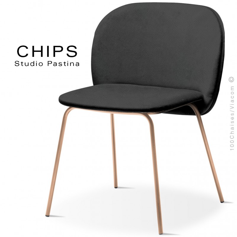 Chaise design CHIPS-M, piétement acier cuivre satiné, assise et dossier habillage cuir 1017noir.