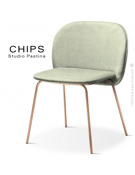 Chaise design CHIPS-M, piétement acier cuivre satiné, assise et dossier habillage cuir 1025vertclair.