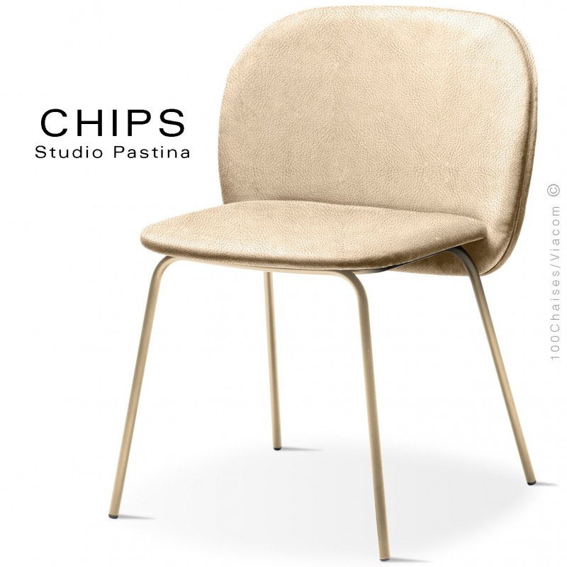 Chaise design CHIPS-M, piétement acier laiton satiné, assise et dossier habillage cuir 1003crème.