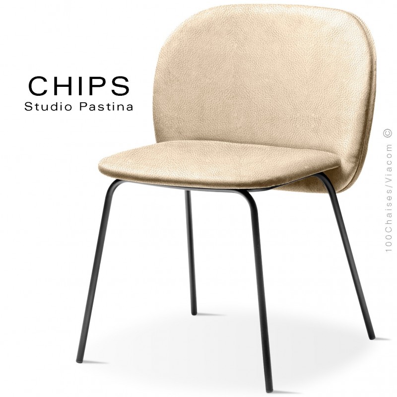 Chaise design CHIPS-M, piétement acier noir, assise et dossier habillage cuir 1003crème.