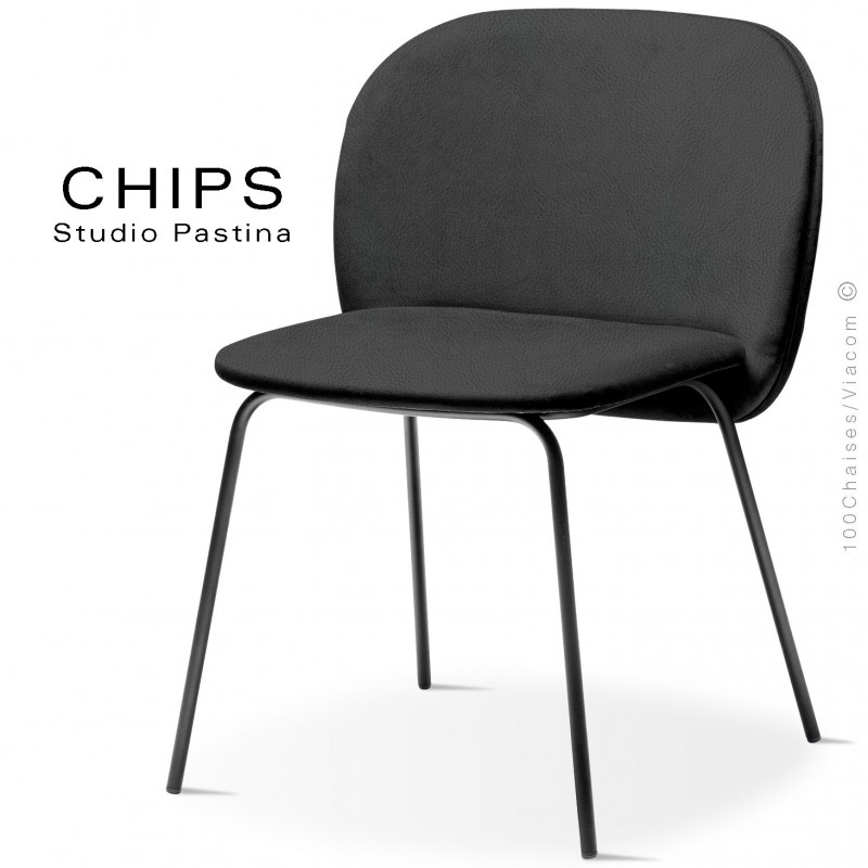 Chaise design CHIPS-M, piétement acier noir, assise et dossier habillage cuir 1017noir.