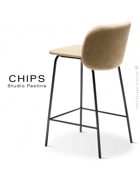 Tabouret de cuisine design CHIPS-M-SG-65, piétement acier noir, assise et dossier habillage cuir 1003crème.