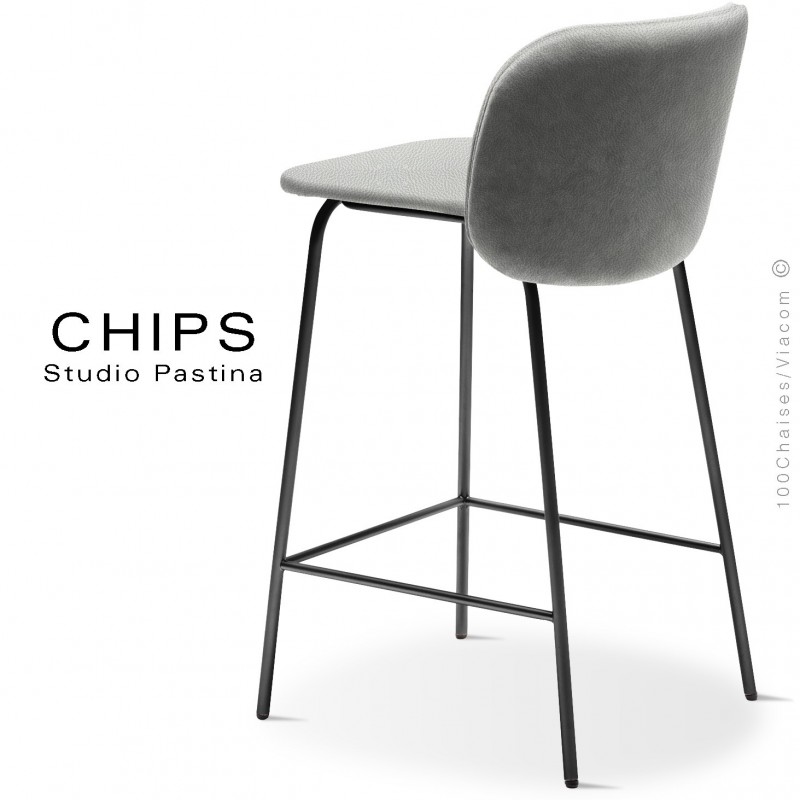 Tabouret de cuisine design CHIPS-M-SG-65, piétement acier noir, assise et dossier habillage cuir 1015gris.