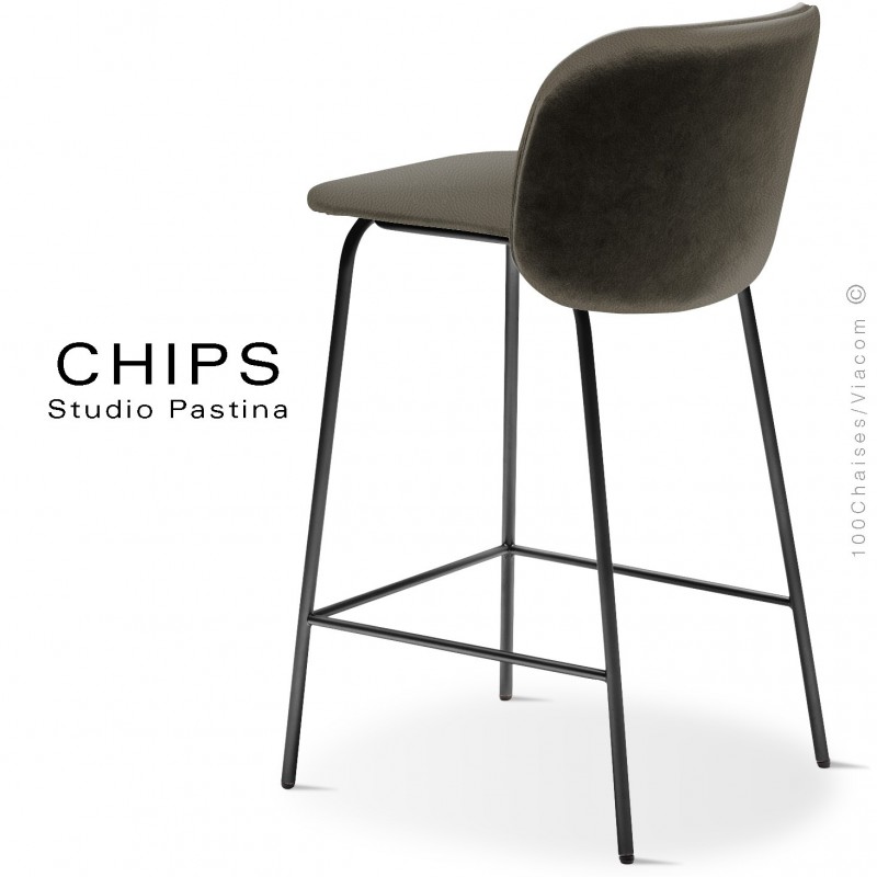 Tabouret de cuisine design CHIPS-M-SG-65, piétement acier noir, assise et dossier habillage cuir 1027marron.