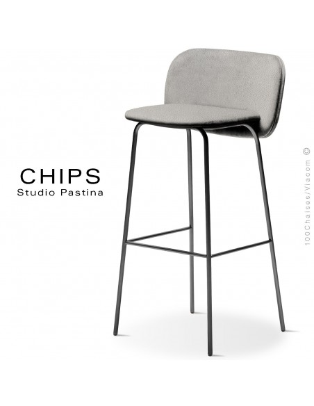 Tabouret de bar design CHIPS-M-SG-80, piétement acier noir, assise et dossier habillage cuir 1015gris.