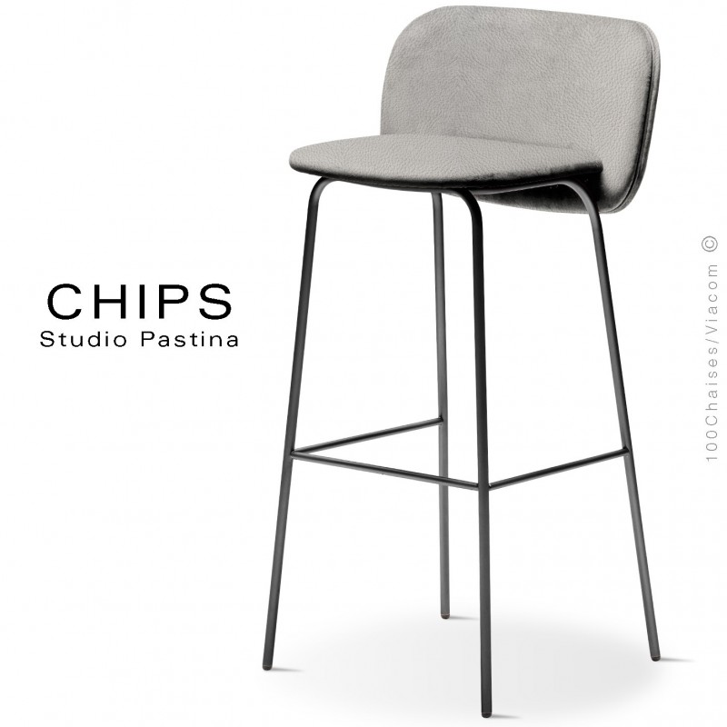 Tabouret de bar design CHIPS-M-SG-80, piétement acier noir, assise et dossier habillage cuir 1015gris.