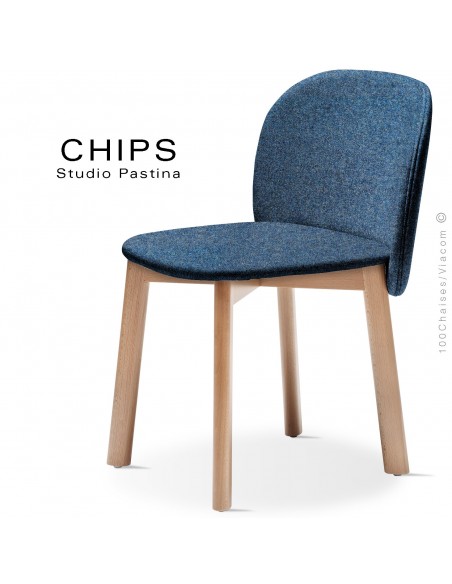 Chaise design CHIPS-S, piétement bois hêtre, assise et dossier habillage tissu 700bleu.