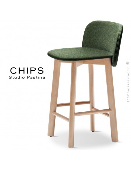 Tabouret de cuisine design CHIPS-SG-65, piétement bois hêtre, assise et dossier habillage tissu 800vert.