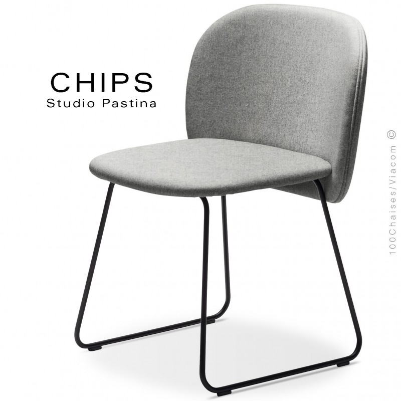 Chaise design CHIPS-SL, piétement luge acier peint noir, assise et dossier habillage tissu 101crème.