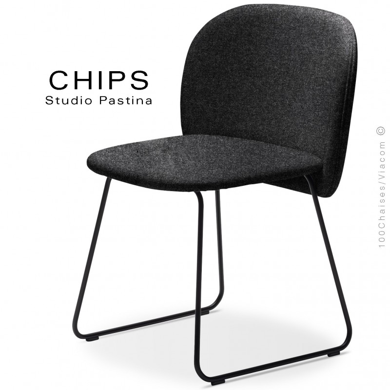 Chaise design CHIPS-SL, piétement luge acier peint noir, assise et dossier habillage tissu 200noirfoncé.