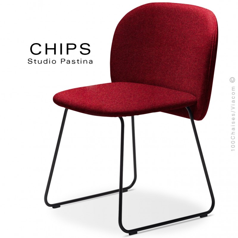 Chaise design CHIPS-SL, piétement luge acier peint noir, assise et dossier habillage tissu 305rouge.