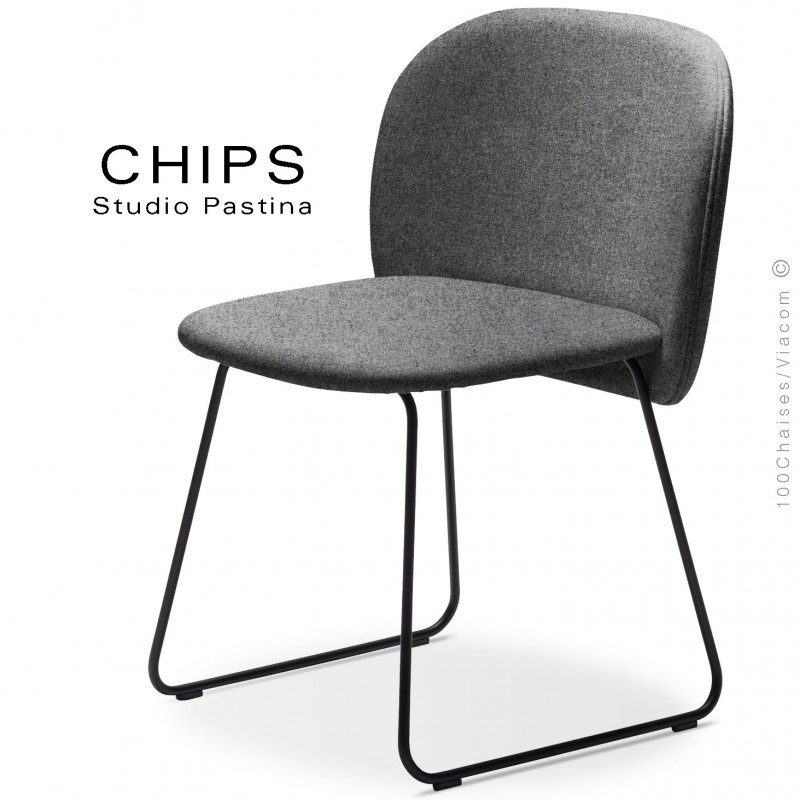 Chaise design CHIPS-SL, piétement luge acier peint noir, assise et dossier habillage tissu 600gris.